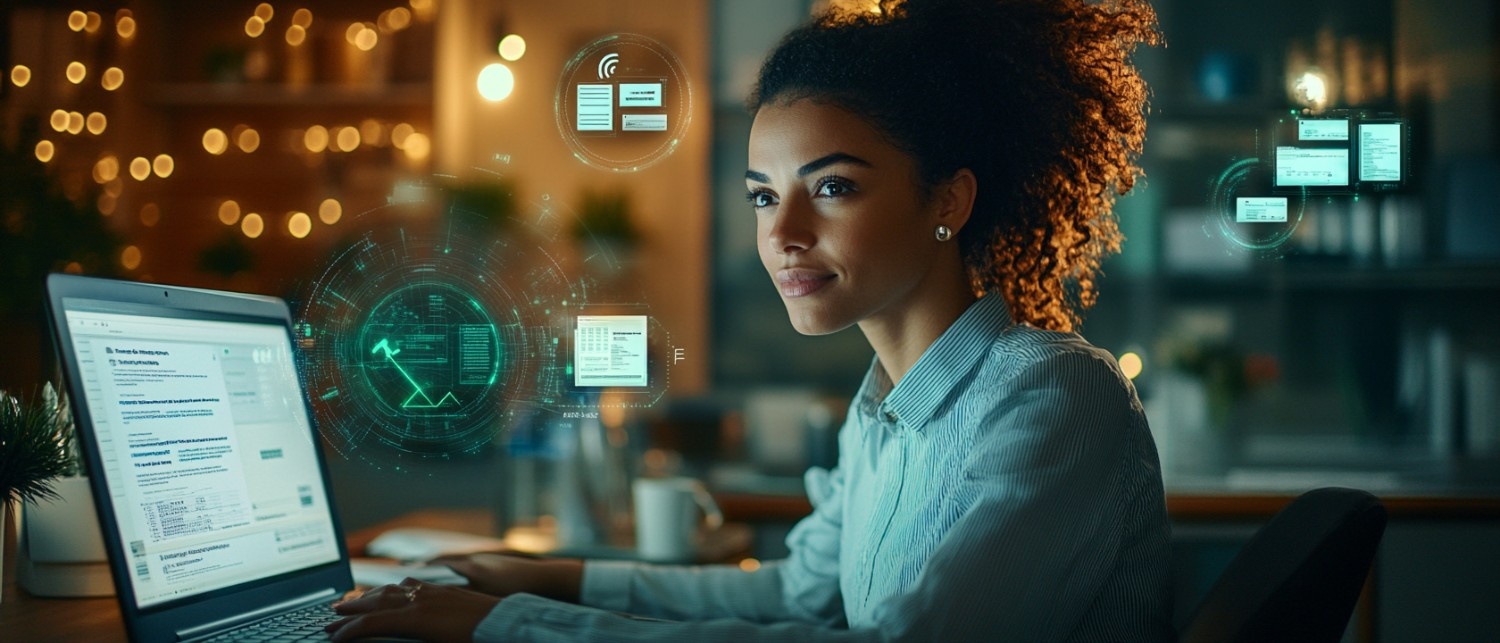Tax professional smiling while using Tax Studio AI on a laptop